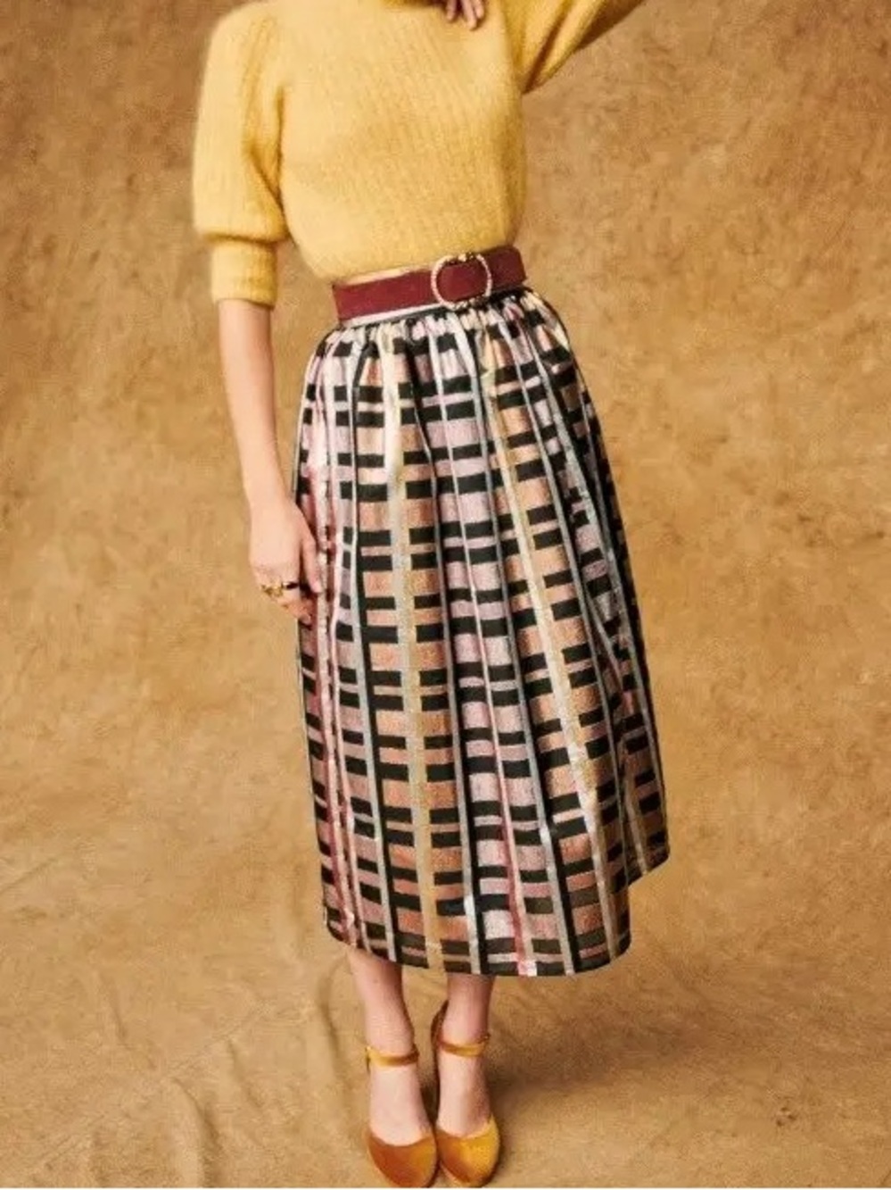 Sézane Malla Midi Skirt Metallic Cognac Tiles Retro